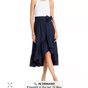 Cinq a Sept High-Low Ruffle Midi Skirt with Waist Tie - Navy